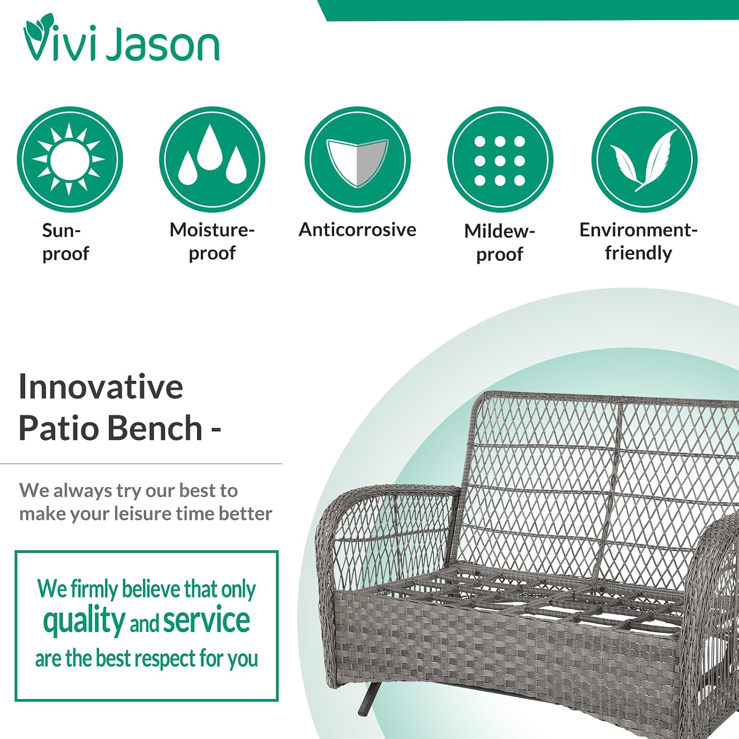 VIVIJASON 2-Piece Patio Wicker Loveseat Glider Set Cushioned, Outdoor Conversation Furniture Sets with 2-Seater Glider Rocking Bench, Coffee Table and Cushions for Porch Garden Poolside, Grey