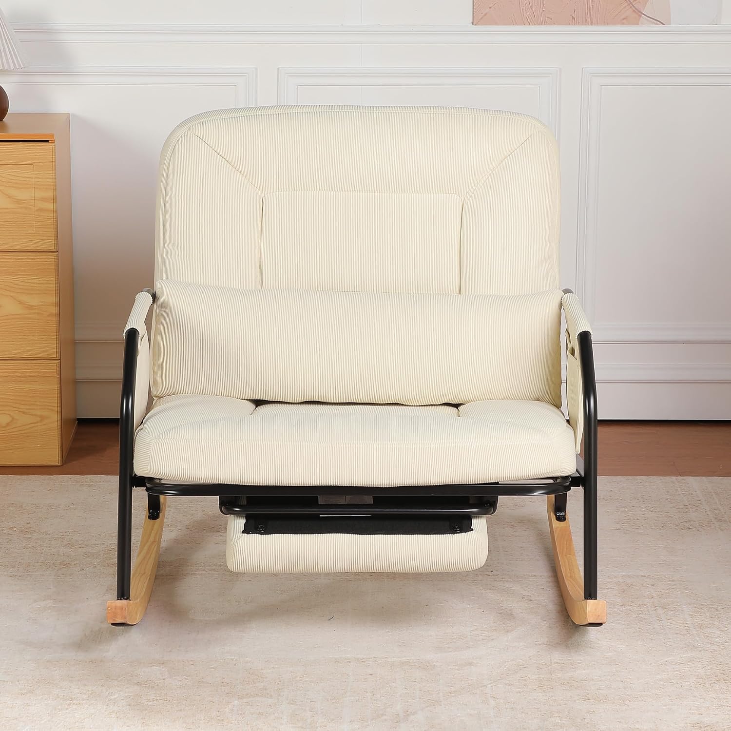 Oversized Rocking Chair, Extra-Wide Glider Patio Rocker Chairs with Foot Rest, Padded Cushion, Adjustable Backrest, Mental Wooden Farm, Indoor/Outdoor Living Room Bedroom Balcony Porch, Beige