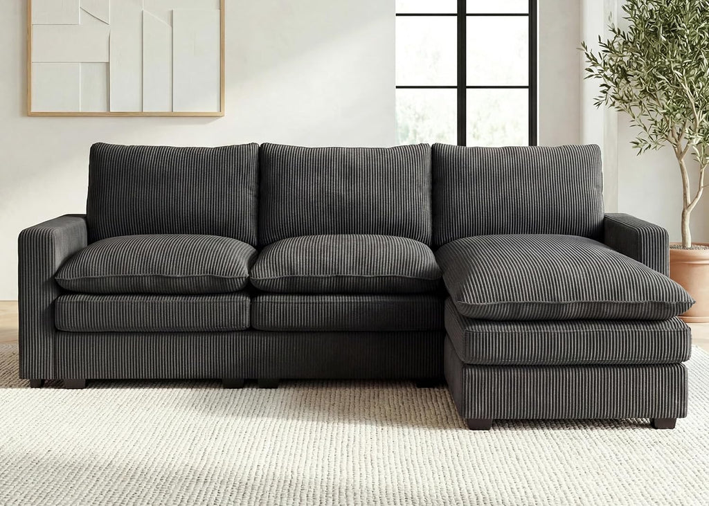 HONBAY 97.6 Inch Corduroy Cloud Modular Sectional Sofa with Chaise, Deep Seat L-Shaped Couch with Storage for Living Room, Apartment, Small Space,Grey