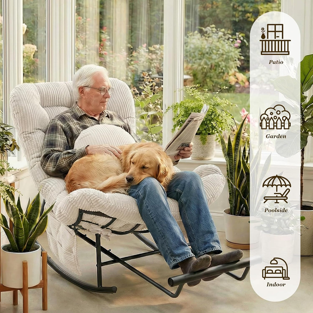 Rocking Chair Indoor & Outdoor, Oversized Patio Papasan Recliner Chair with Footstool Pillow & Side Pocket for Bedroom, Living Room, Garden, Balcony, Lawn (Beige)
