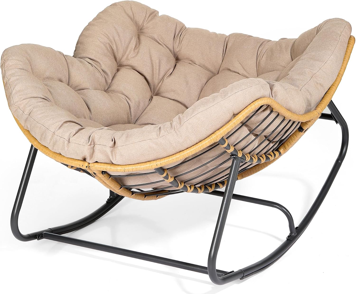 SWITTE Outdoor Rocking Chair, Indoor Papasan Rocking Lounge with Thick Cushion, Oversized Cozy Patio Rocker for Bedroom, Living Room, Porch, Garden, Lawn-Cream