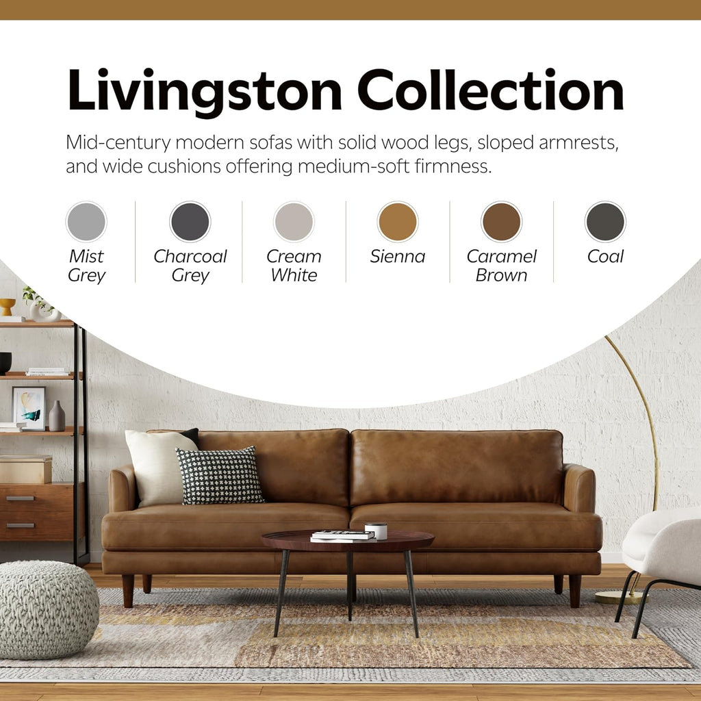 SIMPLIHOME Livingston Sofa - 90 inch Wide Top Grain Genuine Leather Sofa in Caramel Brown, Mid-Century Modern 3-Seater Couch for Living Room with Feather-Wrapped Cushions and Solid Wood Frame