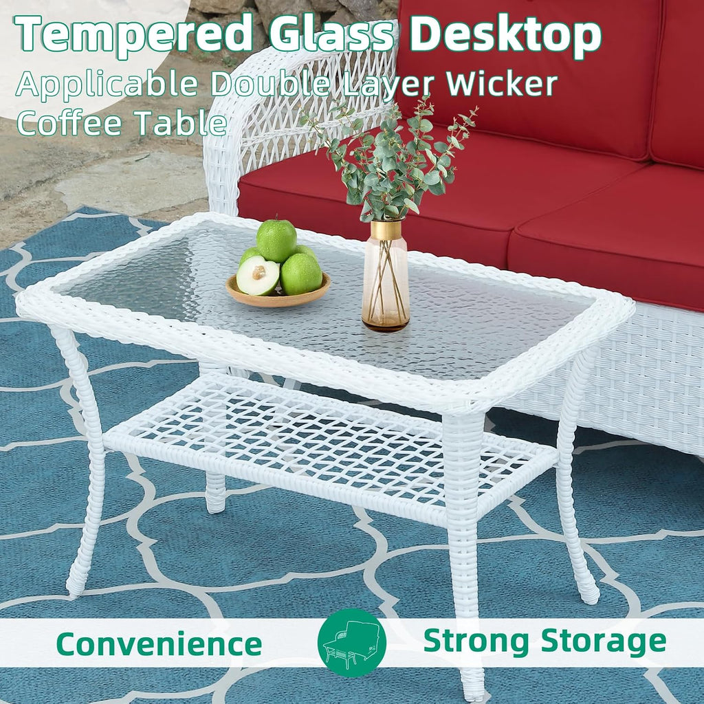 VIVIJASON 4-Piece Outdoor Patio White Wicker Conversation Sets, All Weather Outdoor Rattan Furniture Set Includes Glider Loveseat, Coffee Table, 2 Rocking Chairs with Cushions for Backyard, Red