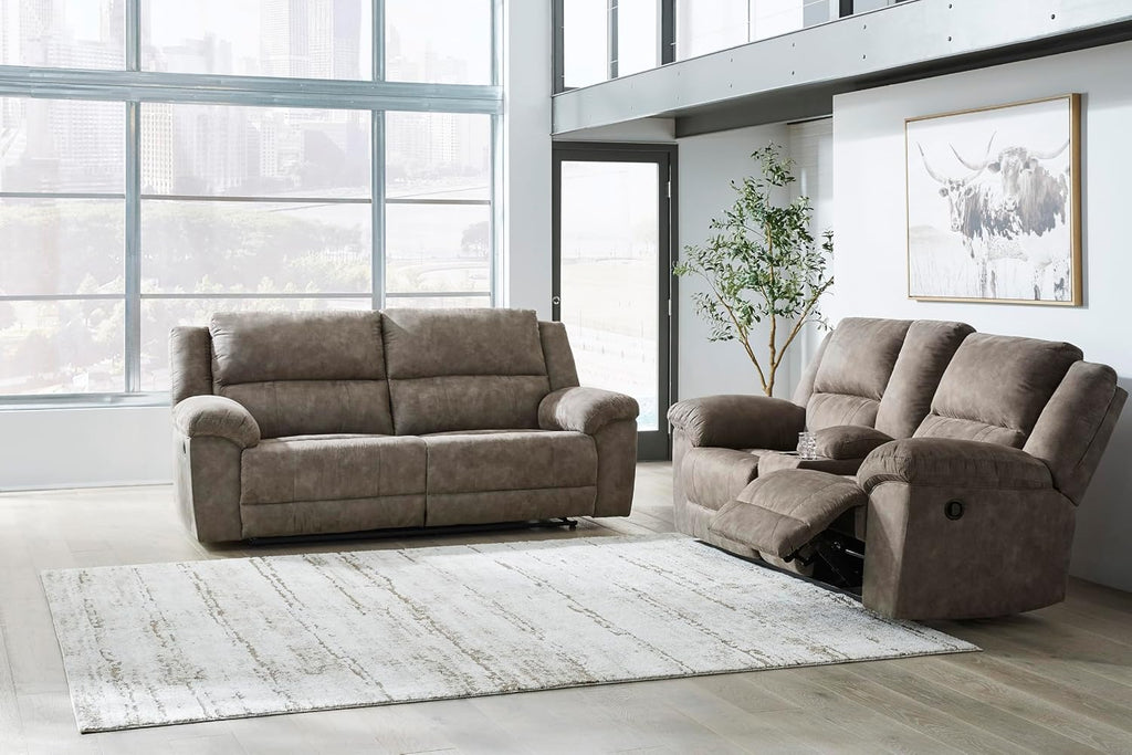 Signature Design by Ashley Laresview Contemporary Faux Leather Manual Double Reclining Loveseat with Console, Storage and Cup Holders, Gray