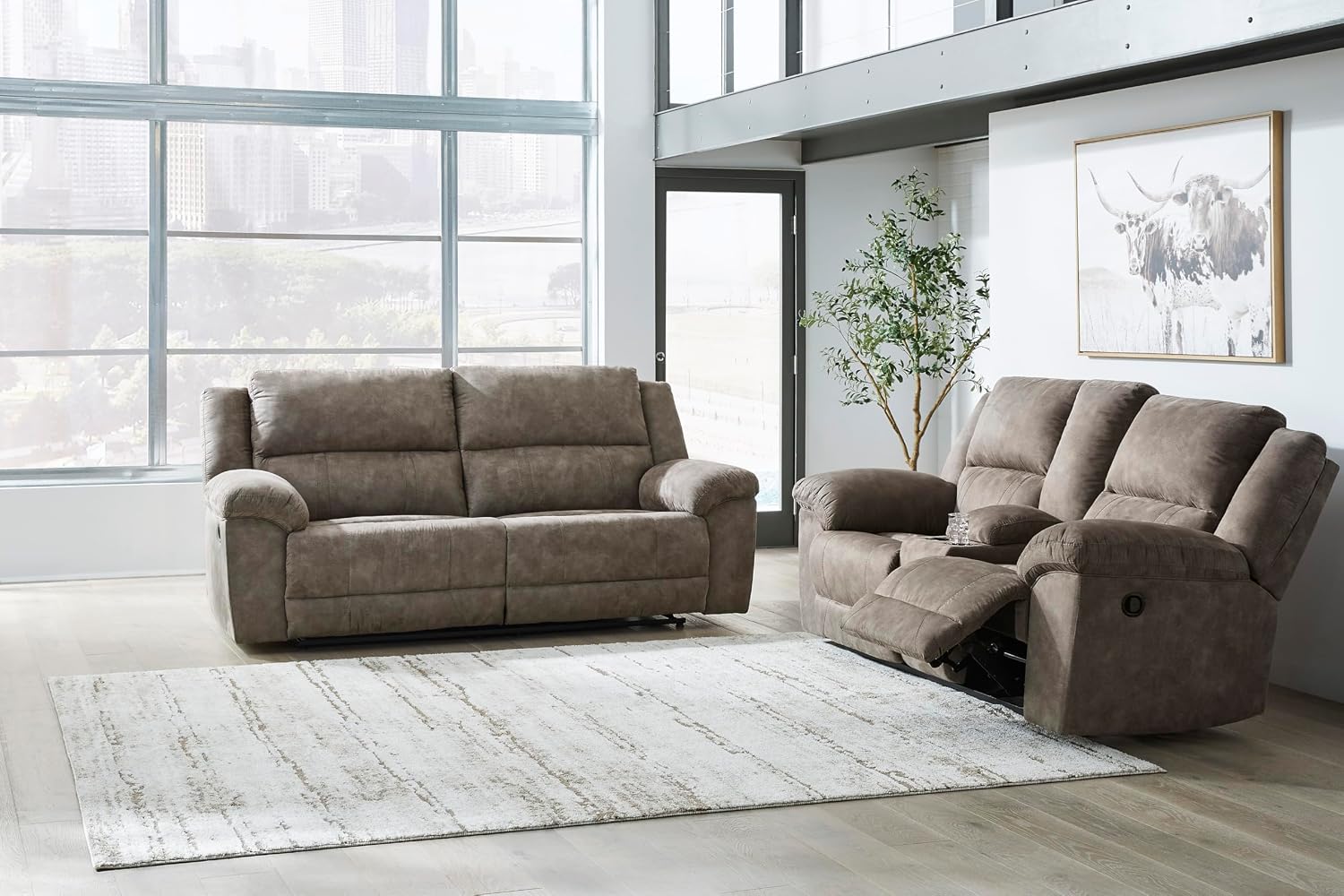 Signature Design by Ashley Laresview Contemporary Faux Leather Manual Double Reclining Loveseat with Console, Storage and Cup Holders, Gray