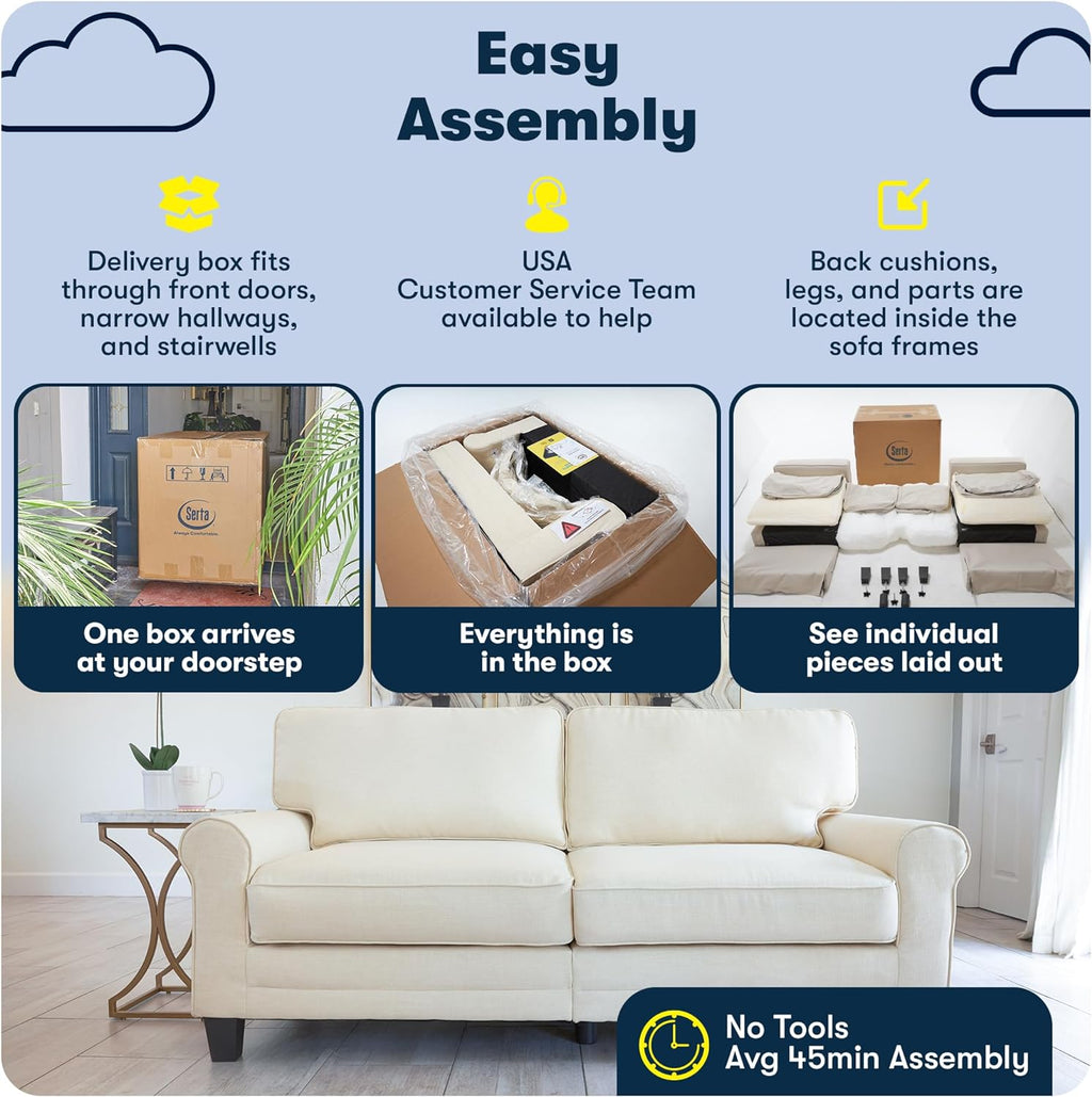Serta Palisades 61' Track Arm Sofa, Easy Care Polyester, Soft Pillow Back, Pocket Coil Seat Cushions, Removable Covers, Loveseat or Couch for Small Spaces, Living Rooms or Bedrooms, Buckwheat Beige