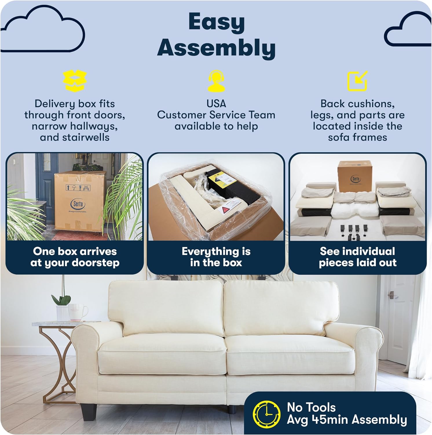 Serta Palisades 61' Track Arm Sofa, Easy Care Polyester, Soft Pillow Back, Pocket Coil Seat Cushions, Removable Covers, Loveseat or Couch for Small Spaces, Living Rooms or Bedrooms, Buckwheat Beige