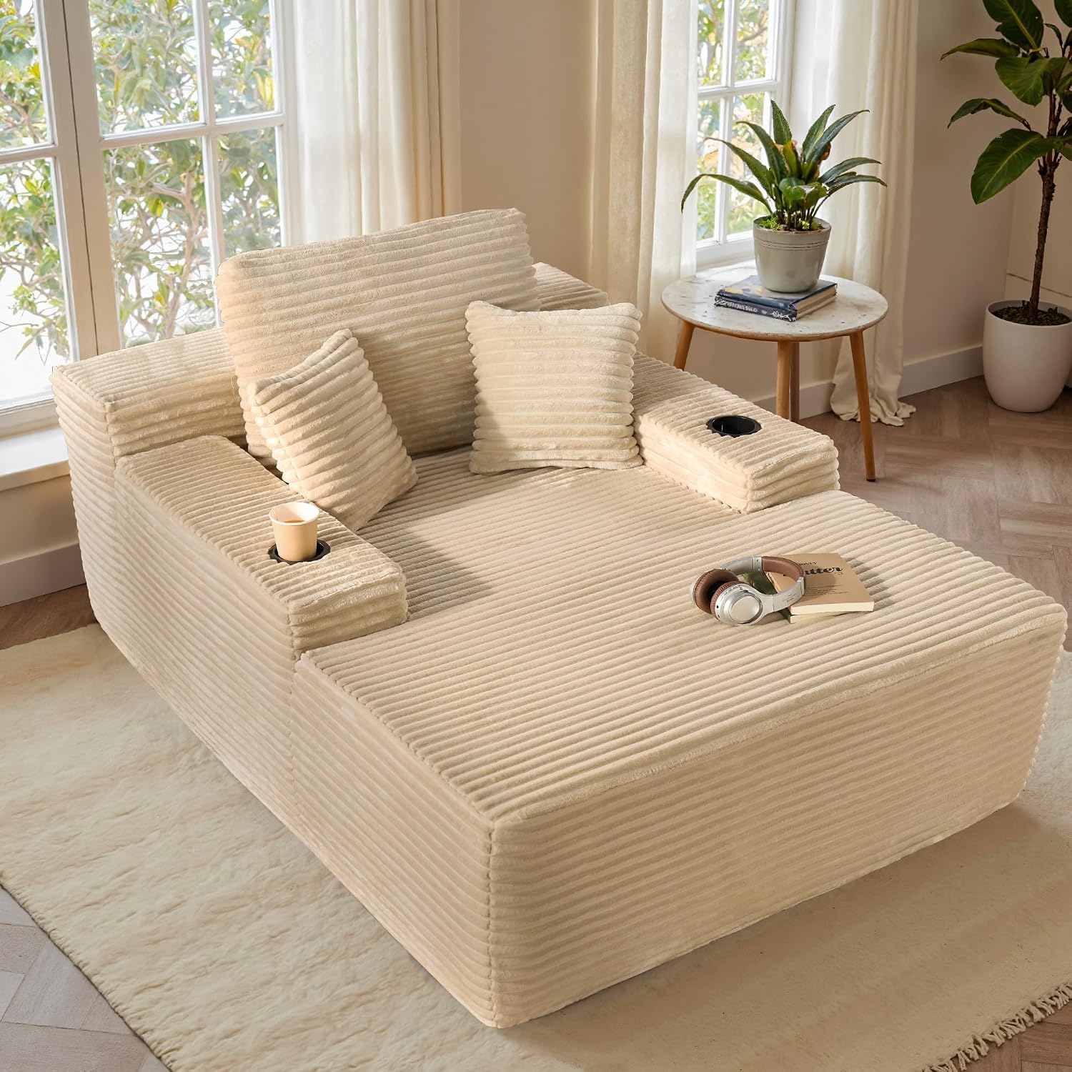 ovios 67'' Chaise Lounge Chair Indoor, Oversized Upholstered Boneless Sofa Bed with Cup Holders, Deep Seat Sleeper Couch, Plush Cloud Sofas Couches for Living Room (Faux Fur, Beige)