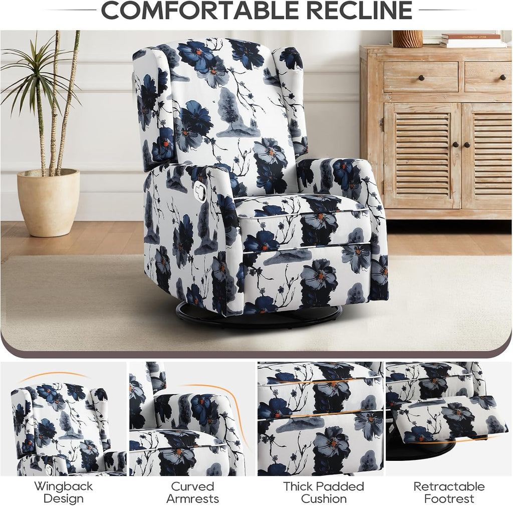 Floral Accent Swivel Rocker Recliner, Wingback Recliner Chair with Padded Seat, High Back Upholstered Armchair for Living Room, Bedroom, Home Ofiice, Blue Ink Floral (Blue Ink Swivel)