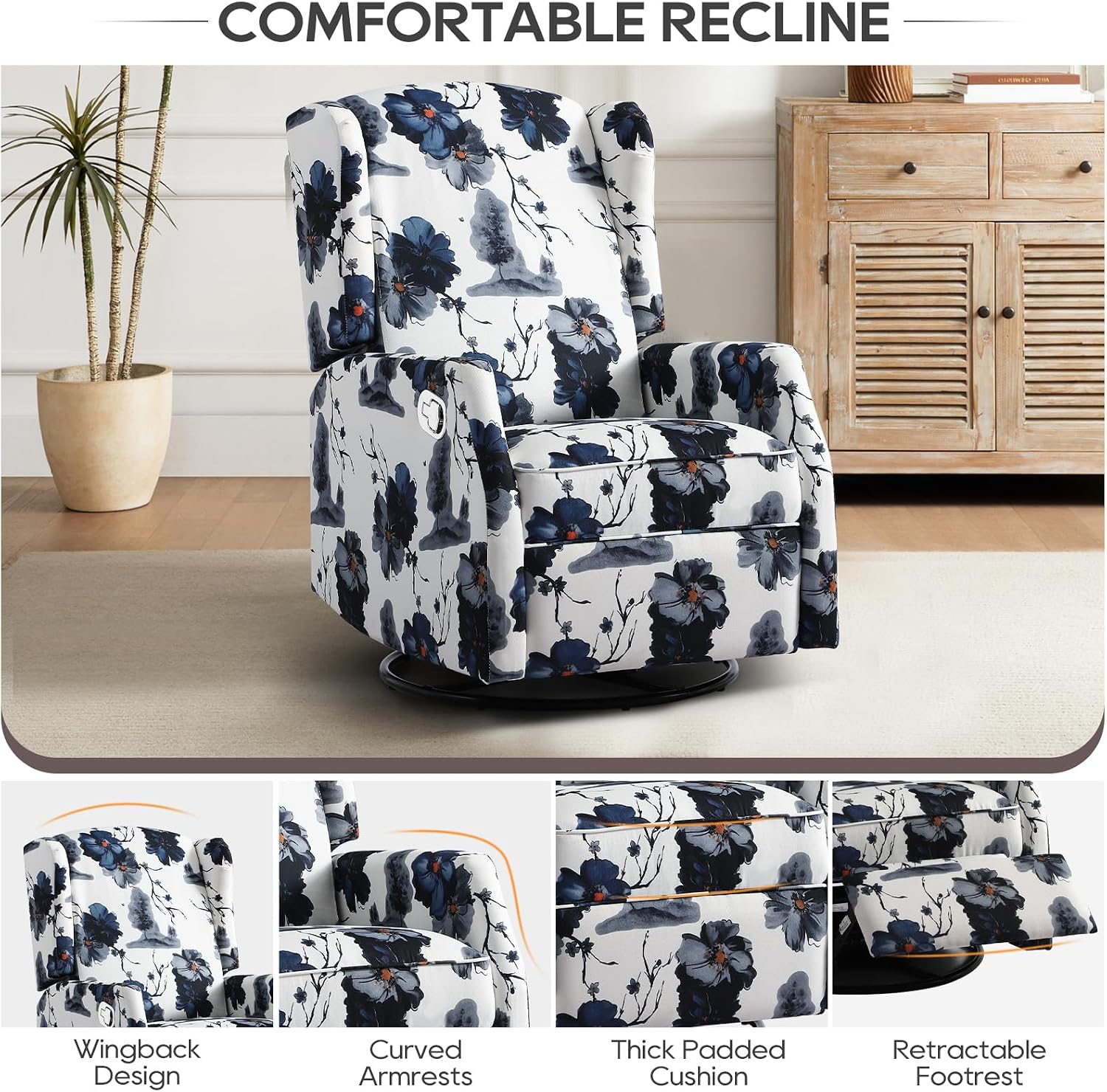 Floral Accent Swivel Rocker Recliner, Wingback Recliner Chair with Padded Seat, High Back Upholstered Armchair for Living Room, Bedroom, Home Ofiice, Blue Ink Floral (Blue Ink Swivel)