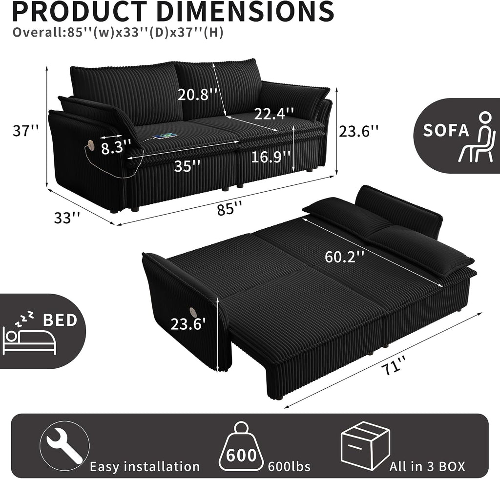 85' Convertible Sofa Bed with Storage Ottoman, Plush Corduroy Fabric Loveseat Pull Out Couch with Adjustable Backrest and USB Charger, 2 Soft Pillows, Couch Bed for Living Room, Small Space,Black