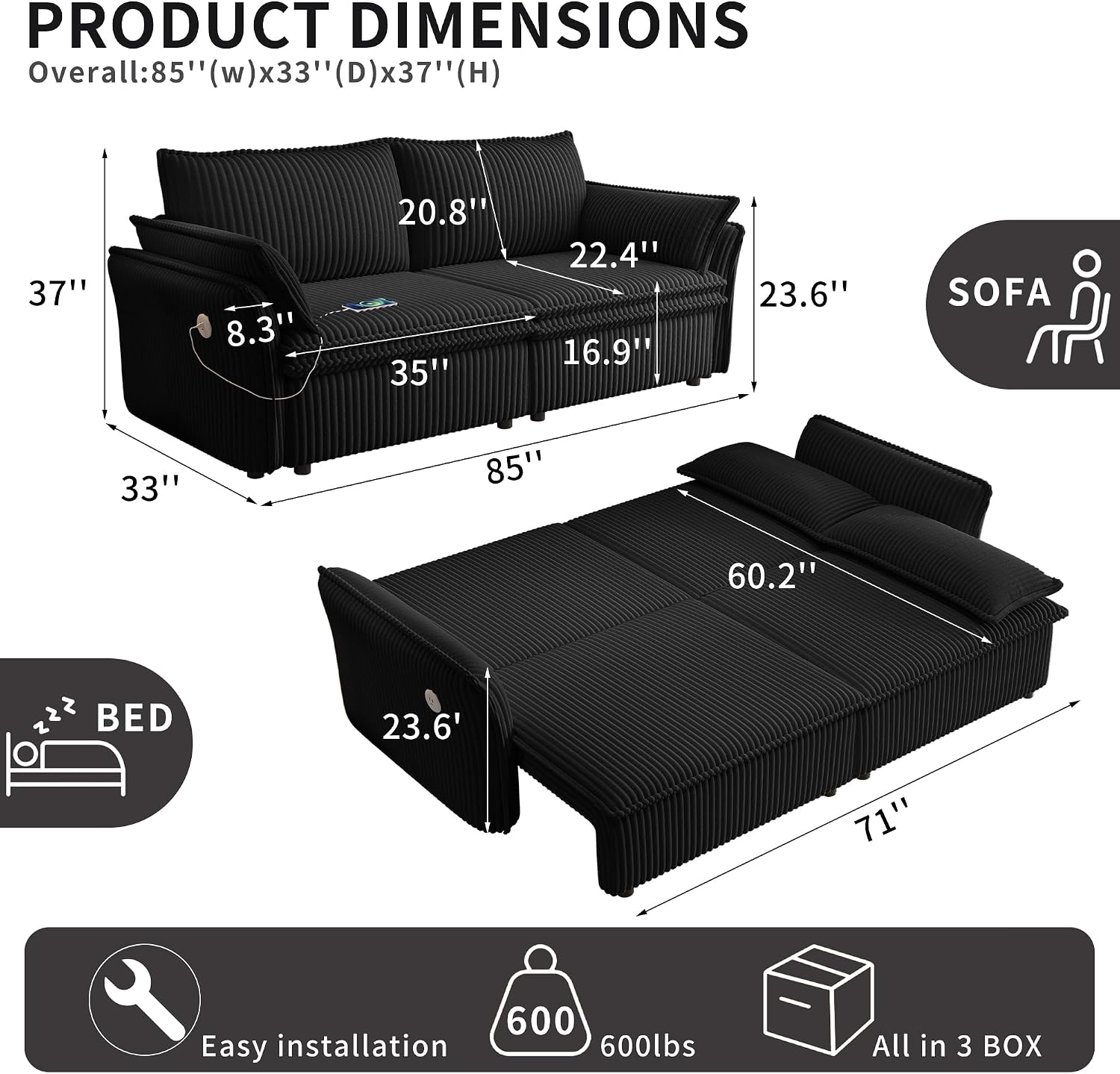 85' Convertible Sofa Bed with Storage Ottoman, Plush Corduroy Fabric Loveseat Pull Out Couch with Adjustable Backrest and USB Charger, 2 Soft Pillows, Couch Bed for Living Room, Small Space,Black
