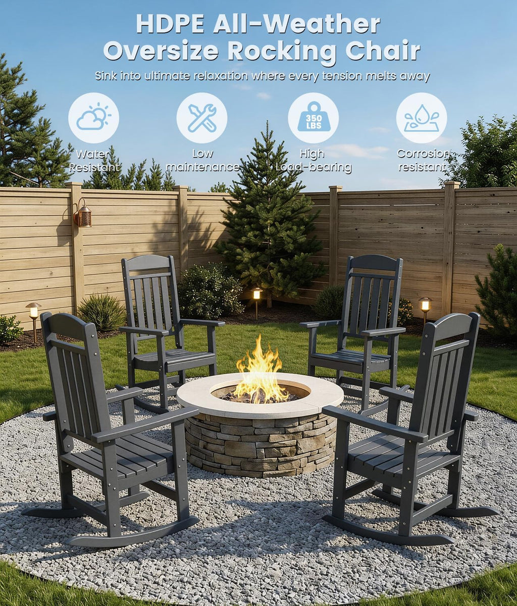 FOOWIN Outdoor Rocking Chair Set of 8, High Back Patio Rocking Chair, HDPE All Weather Resistant Porch Rocker for Adult, Oversized Rocking Chairs for Garden, Lawn, Indoor & Outdoor Use, Grey