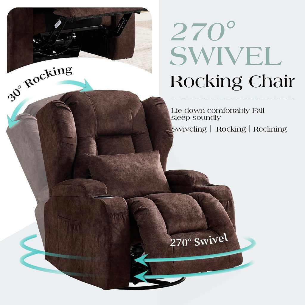TUNYI Power Recliner Chair - Velvet Home Theater Seating Glider Reclining Sofa with Massage & Heat Swivel Rocker Recliner Chair for Living Room with LED Light/USB Port/Lumbar Pillow (Brown)