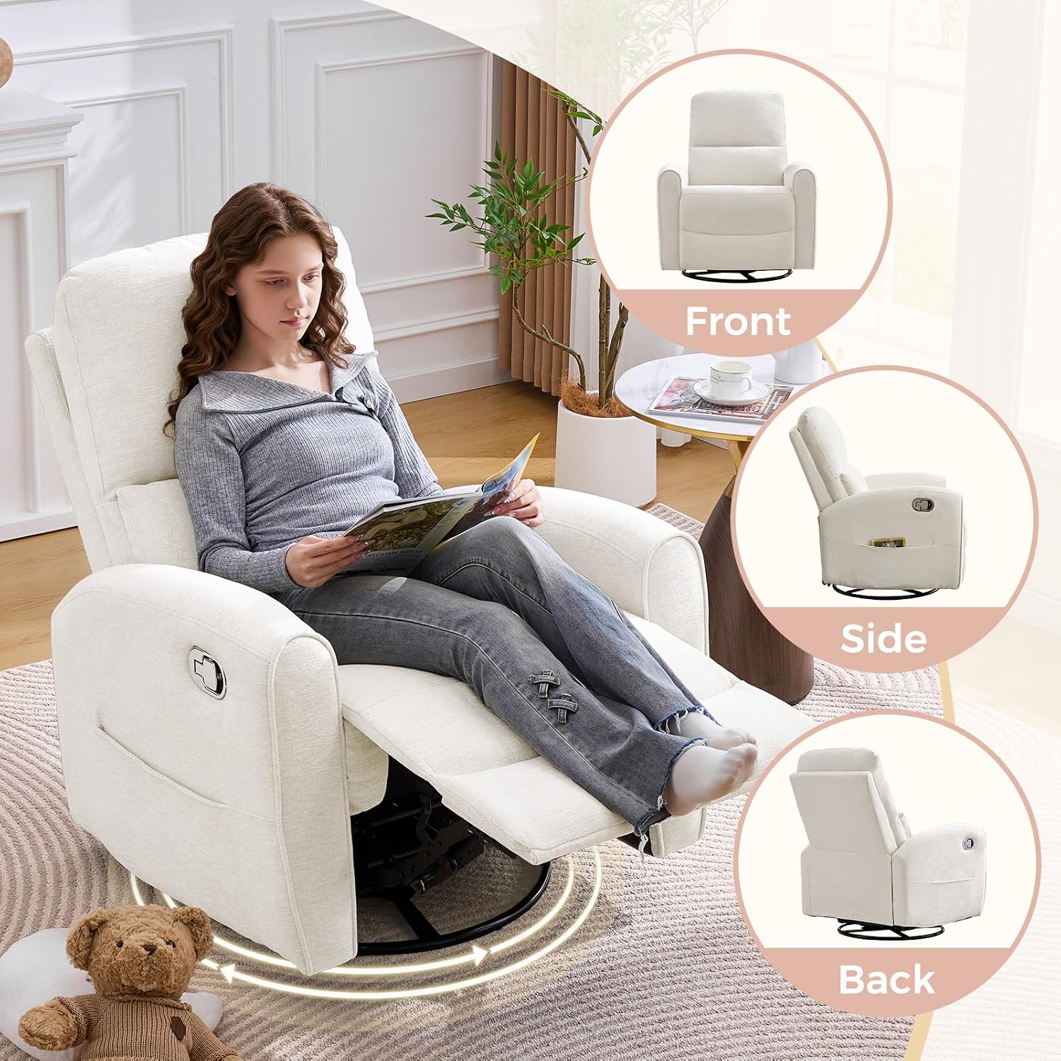 Swivel Rocker Recliner, Manual Swivel Glider Nursery Recliner Chair with Adjustable Headrest and Lumbar Support, Rocking Recling Chairs for Small Space, Living Room, Bedroom, White