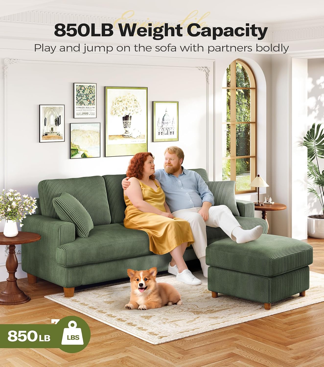 87in Corduroy Couch, Kidirect Sofa No Tool Assembly, Comfy Couches for Living Room 21in Deeper Seats, Corduroy Sofas for Living Room with 2 Pillows, Oversized Loveseat Sofa, Boho Love Seat Green Couch