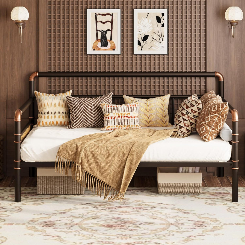 IDEALHOUSE Twin Daybed with Classic Headboard,Metal Twin Bed Frame Heavy Duty Steel Slats Support,Sofa BedFrame for Living Room, Guest RoomNoise Free, No Box Spring Needed, Brown