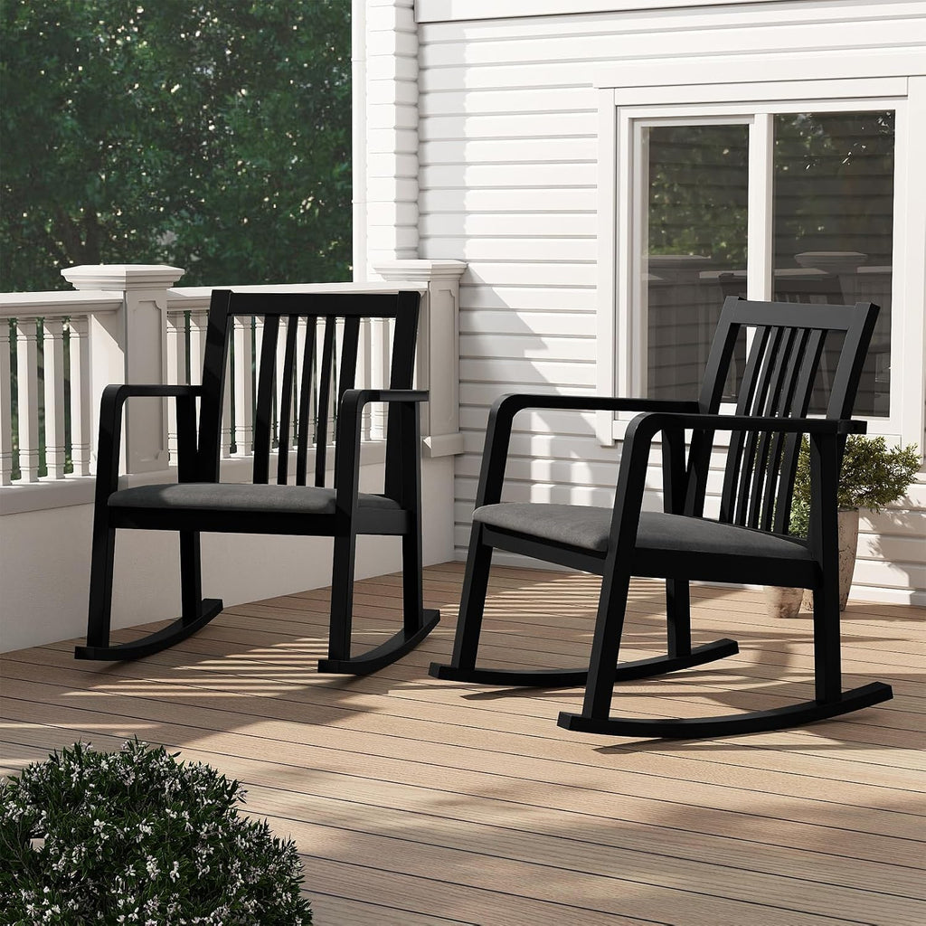 Giantex Rocking Chair with Cushioned Seat, Indoor Solid Rubber Wood Rocker Chair w/Slatted Back & Curved Armrests, Wooden Accent Armchair for Living Room, Bedroom, Study, Porch (2,Black + Gray)