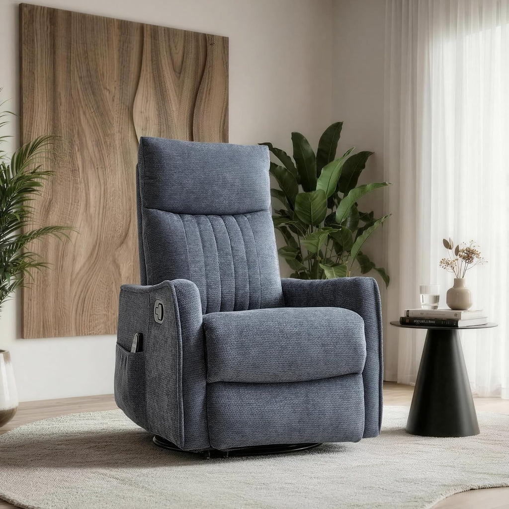 Casaphoria 360° Swivel Rocking Recliner Chair with Heat and Massage Upholstered Fabric Nursery Glider with Side Pocket for Living Room,Bedroom,Home Theater and RV Small Space(Blue)