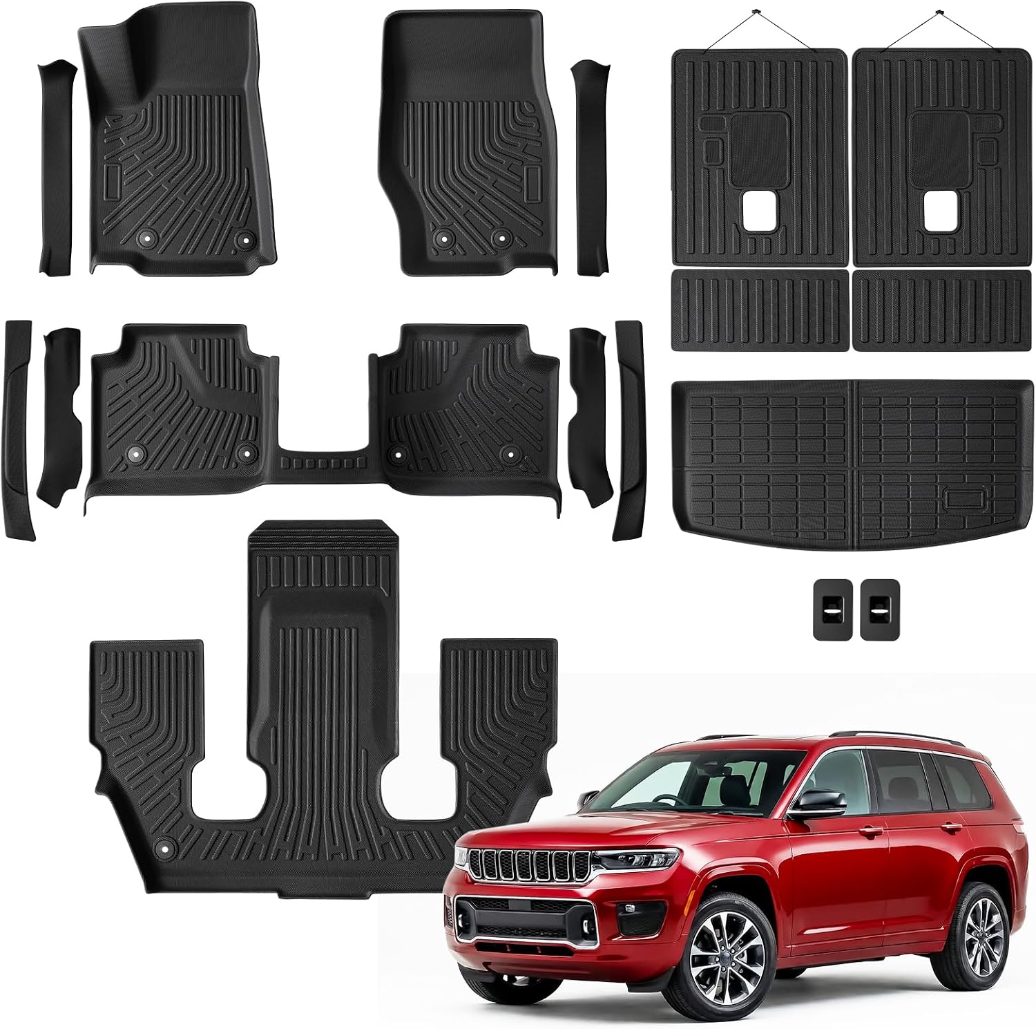 Floor Mat for Jeep Grand Cherokee L: Rubber Custom Fit Front Rear Backrest Cargo Mat Door Spill Set - All Weather Car Accessories for 6-Passenger Without Center Console 2021 2022 2023 2024 2025 2026