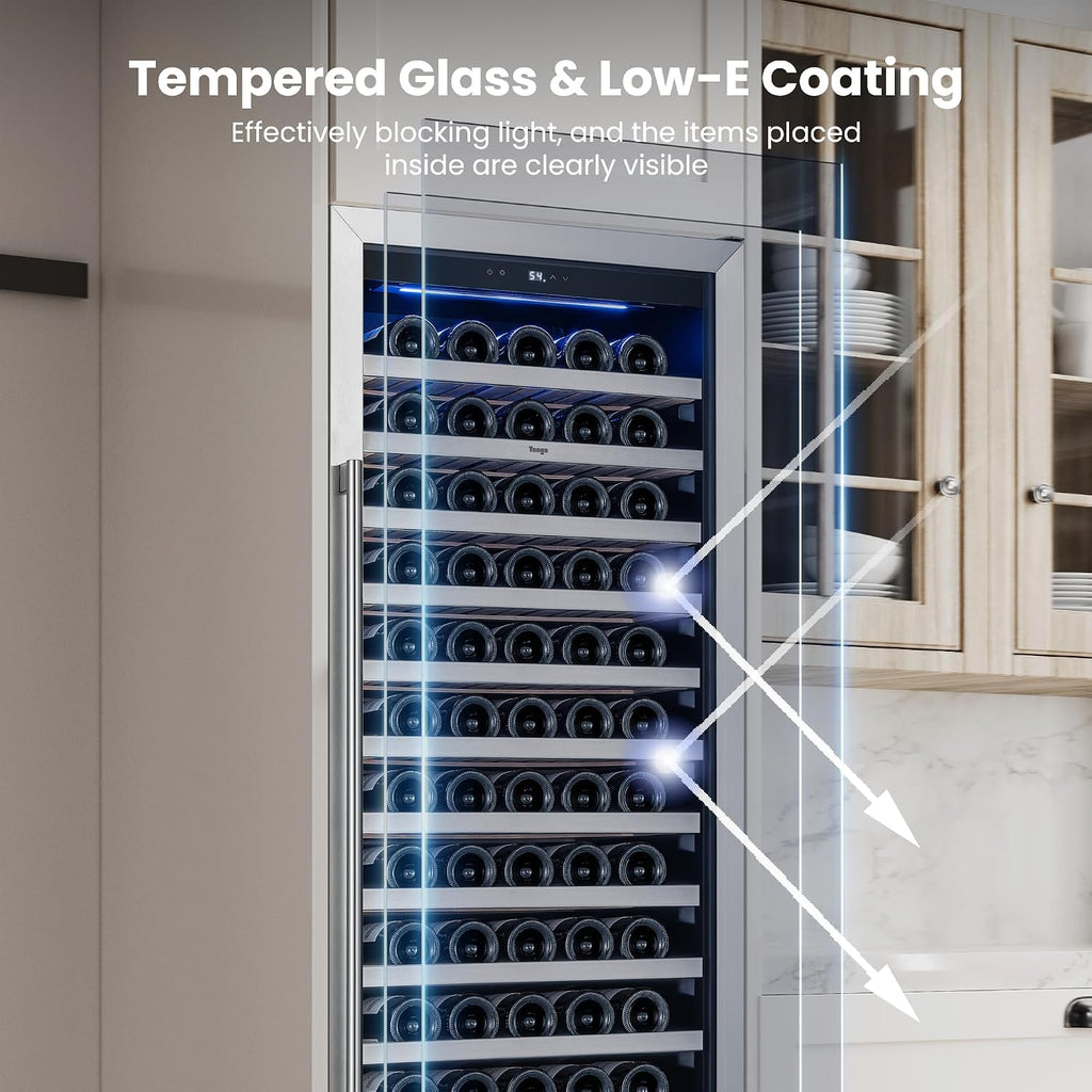 Yeego 24 Inch Wine Cooler Fridge – Wine Refrigerator 40°F-65°F, 304 Stainless Steel Glass Door Lock, Temperature Memory Blue & White LED Built-in Fridge with Adjustable Shelves (165 Bottle)