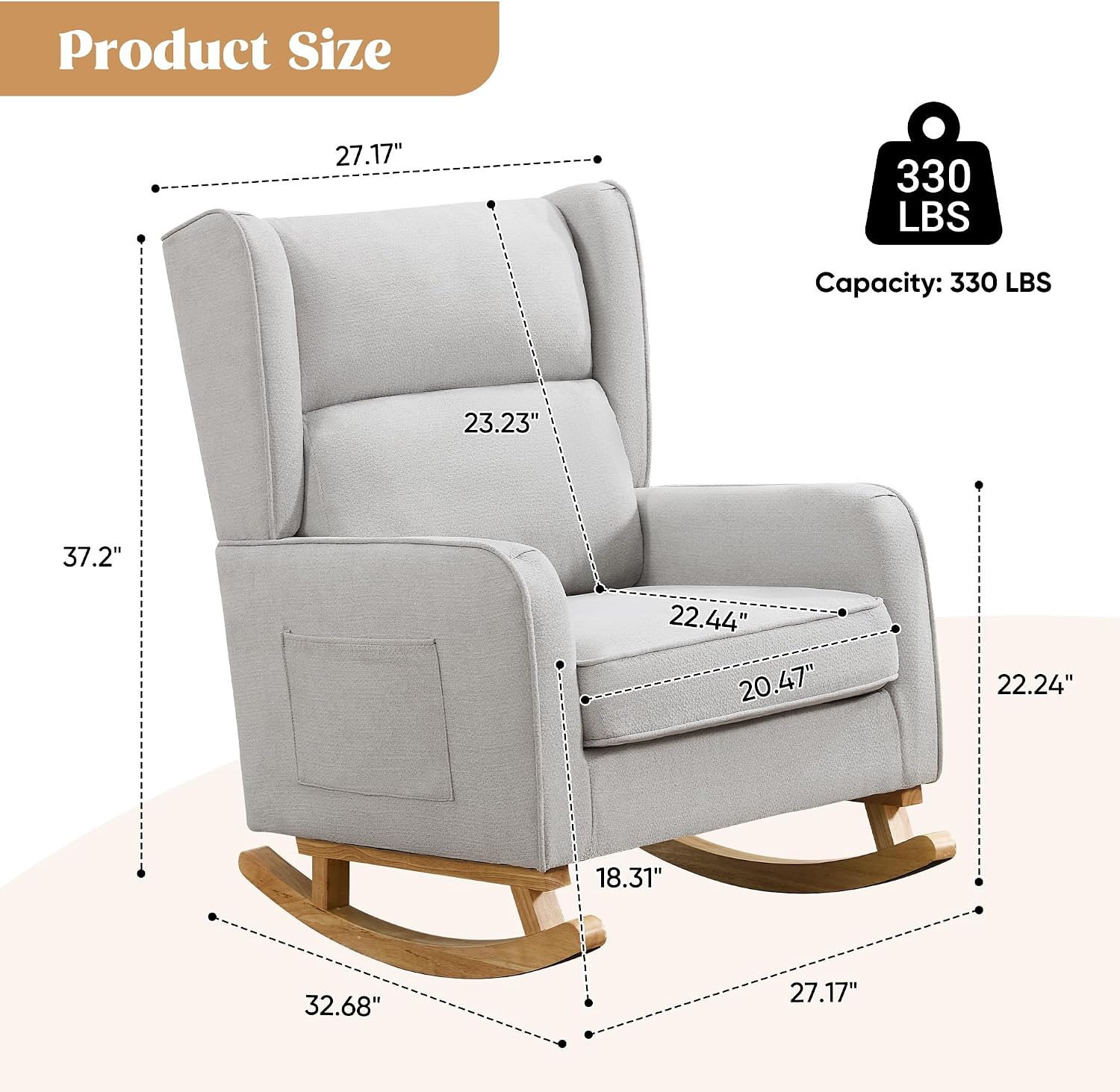 HCHAIRH Nursery Rocking Chairs, Rocking Chair Nursery for Mom Nursery Rocker with High Backrest and Solid Wood Legs, Modern Wingback Accent Chair Set of 2 for Reading Living Room Bedroom, Light Grey