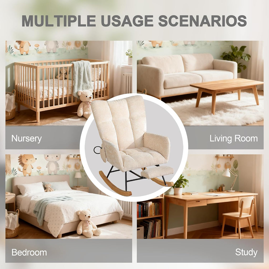 Rocking Chair Nursery with Airbag, Comfy Modern Nursery Rocking Reading Chair Indoor with Footrest, Cozy Upholstered Glider Rocker Chairs for Living Room Bedroom Offices(Chenille, Beige)