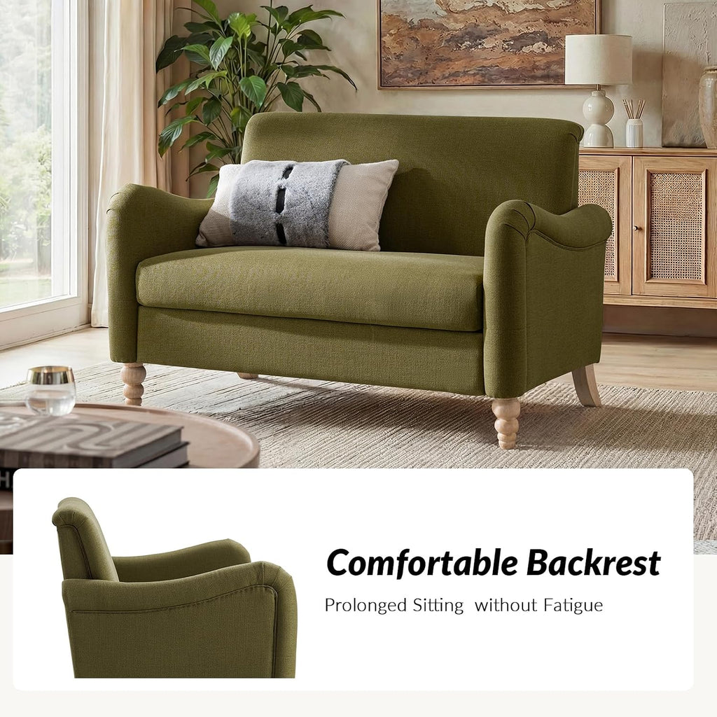 HULALA HOME 50.5' Loveseat Sofa with Stripe Pattern, 2 Seater Farmhouse Sofa with Rolled Wide Armrests and Rubber Wood Legs, Comfy Upholstered Small Couch for Living Room Bedroom, Moss