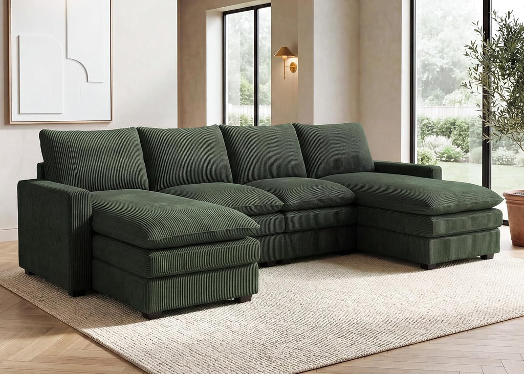 HONBAY 127.2 Inch Corduroy Cloud Modular Sectional Sofa with Chaise, Deep Seat U-Shaped Couch with Storage for Living Room, Apartment, Small Space,Green