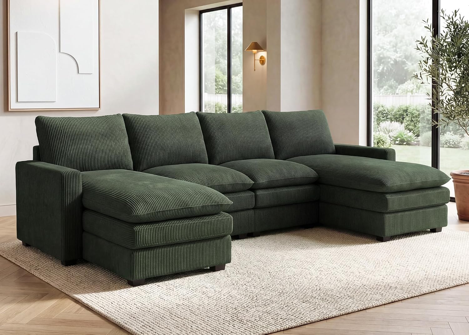 HONBAY 127.2 Inch Corduroy Cloud Modular Sectional Sofa with Chaise, Deep Seat U-Shaped Couch with Storage for Living Room, Apartment, Small Space,Green