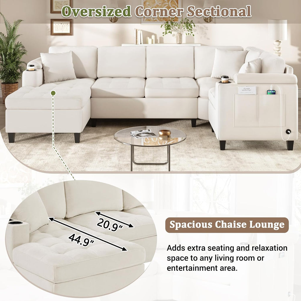 Eafurn Oversized U Shaped Sectional Sofa Tufted Couch w/Left Chaise, 6-Seater Chenille Convertible Corner Couches w/Cup Holders, Storage Armrest and USB Ports