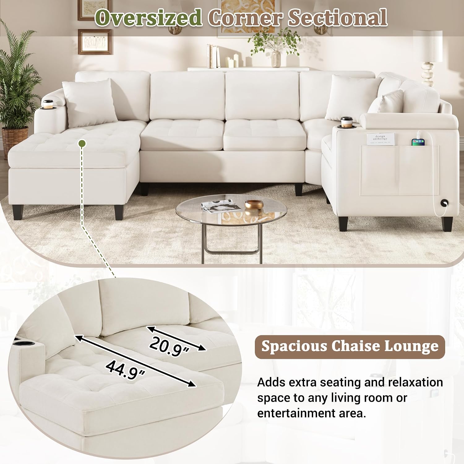 Eafurn Oversized U Shaped Sectional Sofa Tufted Couch w/Left Chaise, 6-Seater Chenille Convertible Corner Couches w/Cup Holders, Storage Armrest and USB Ports