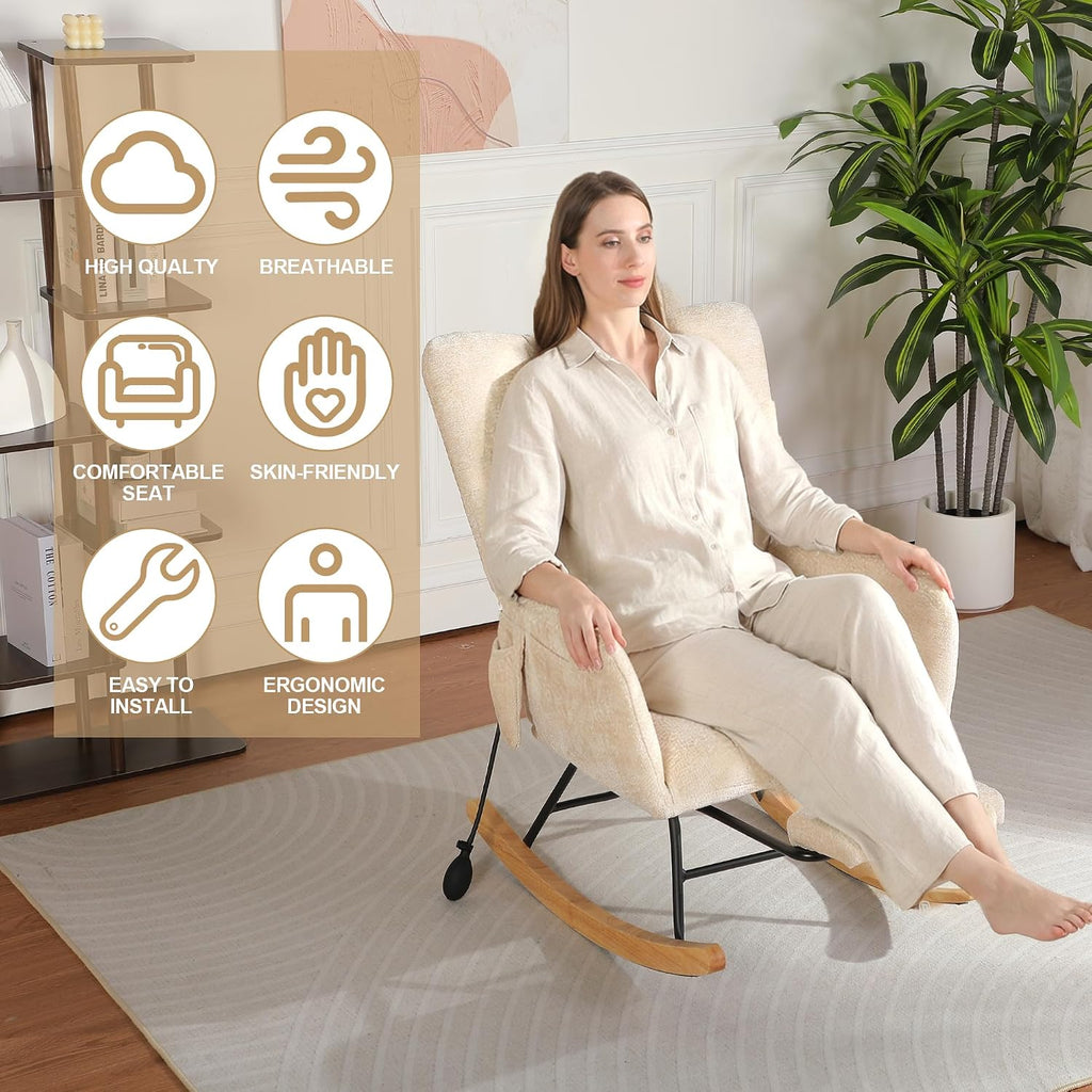 Rocking Chair Nursery with Airbag, Comfy Modern Nursery Rocking Reading Chair Indoor with Footrest, Cozy Upholstered Glider Rocker Chairs for Living Room Bedroom Offices(Chenille, Beige)