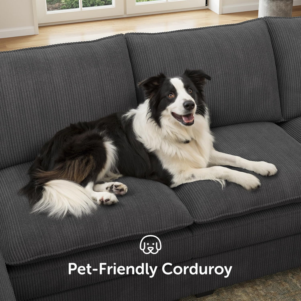 HONBAY 127.2 Inch Corduroy Cloud Modular Sectional Sofa with Chaise, Deep Seat U-Shaped Couch with Storage for Living Room, Apartment, Small Space,Dark Grey