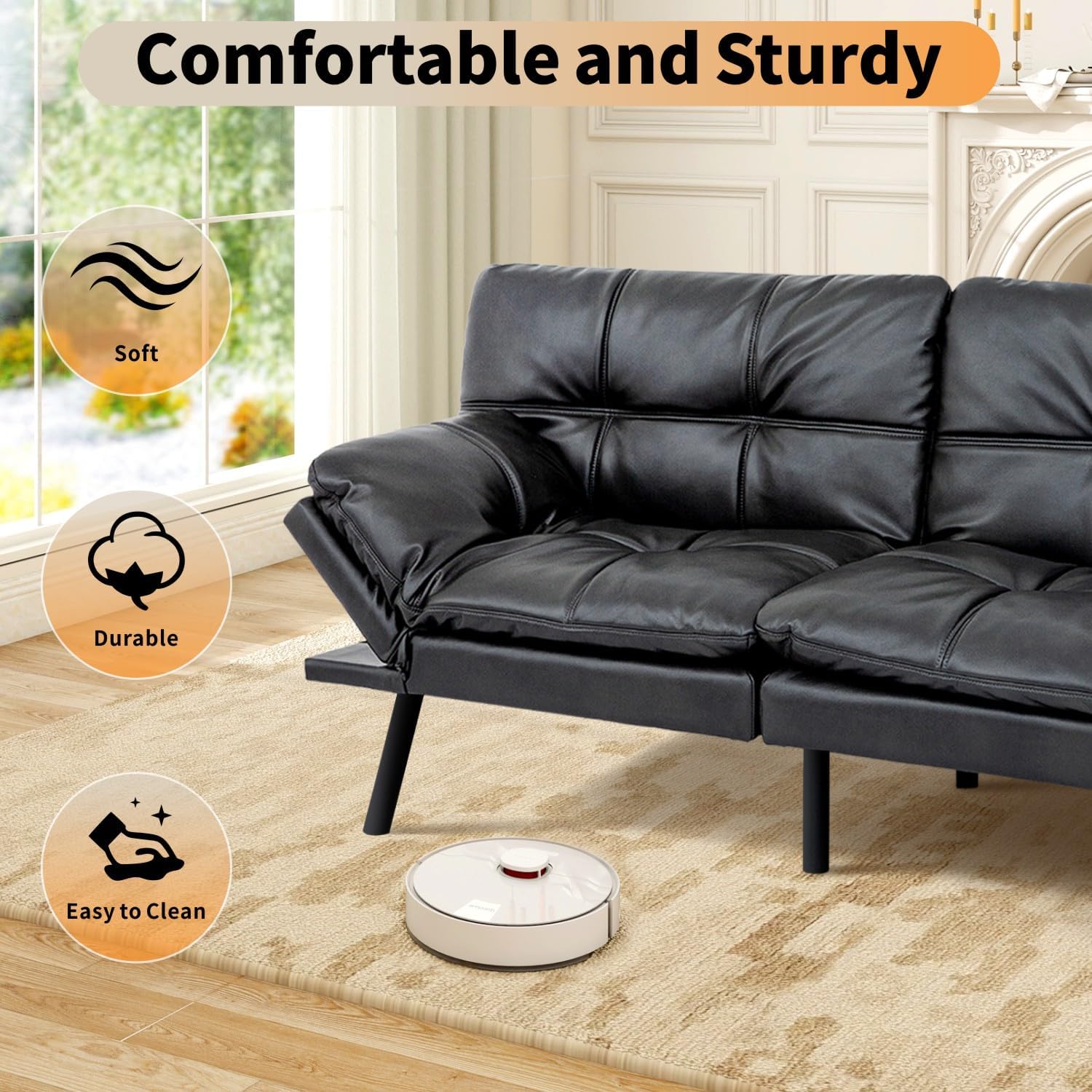 MUUEGM 71' Futon Sofa Bed, Modern Convertible Loveseat Sleeper, Faux Leather Couch with Adjustable Back & Arms for Small Spaces, Office & Apartment - Flat Black