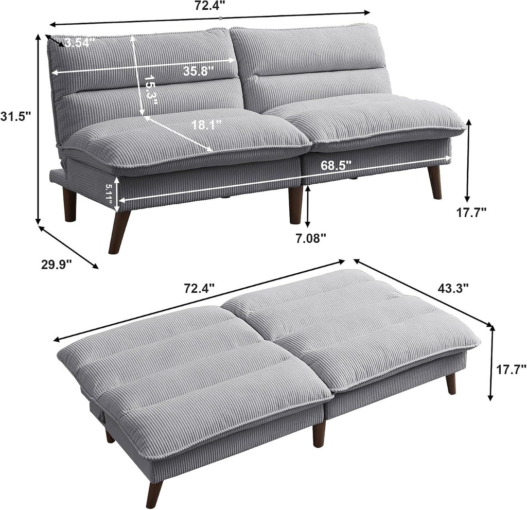 72' Futon Sofa Bed, Futon Couch with Adjustable Backrest, Recliner Small Loveseat for Living Room, Office, Apartment, Corduroy Loveseat, Light Grey