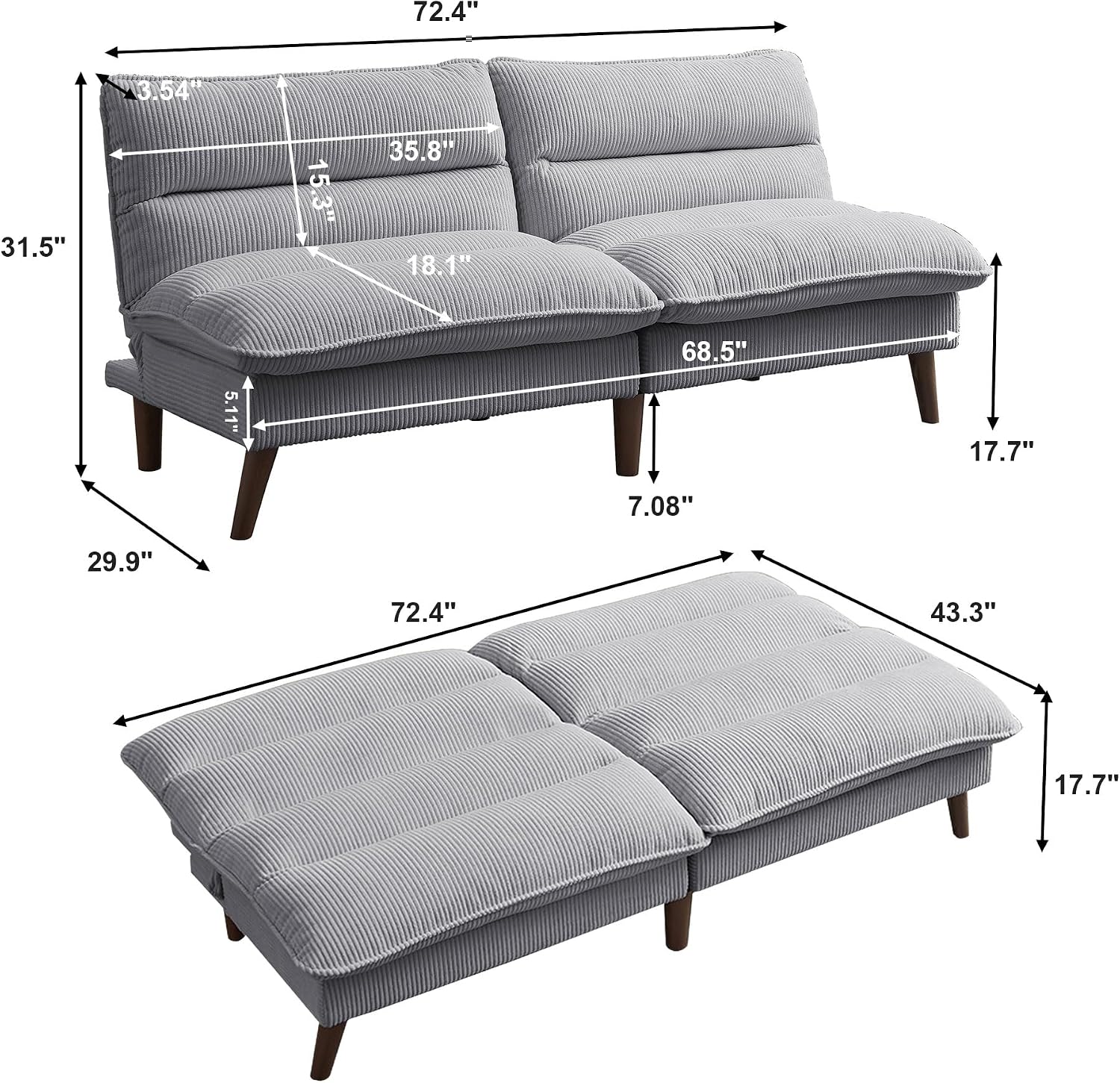 72' Futon Sofa Bed, Futon Couch with Adjustable Backrest, Recliner Small Loveseat for Living Room, Office, Apartment, Corduroy Loveseat, Light Grey