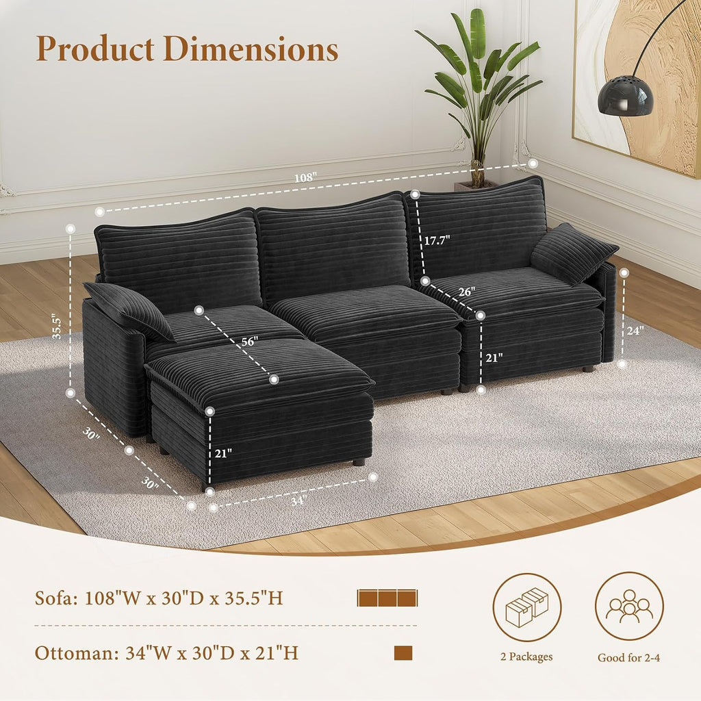 Vesgantti 108' Cloud Couch for Living Room, Deep Seat Sectional Modular Sofa with Ottoman, Double Cushion Corduroy L Shaped Sofas Set Easy Rearrange for Apartment, Office, Bedroom, Dark Grey