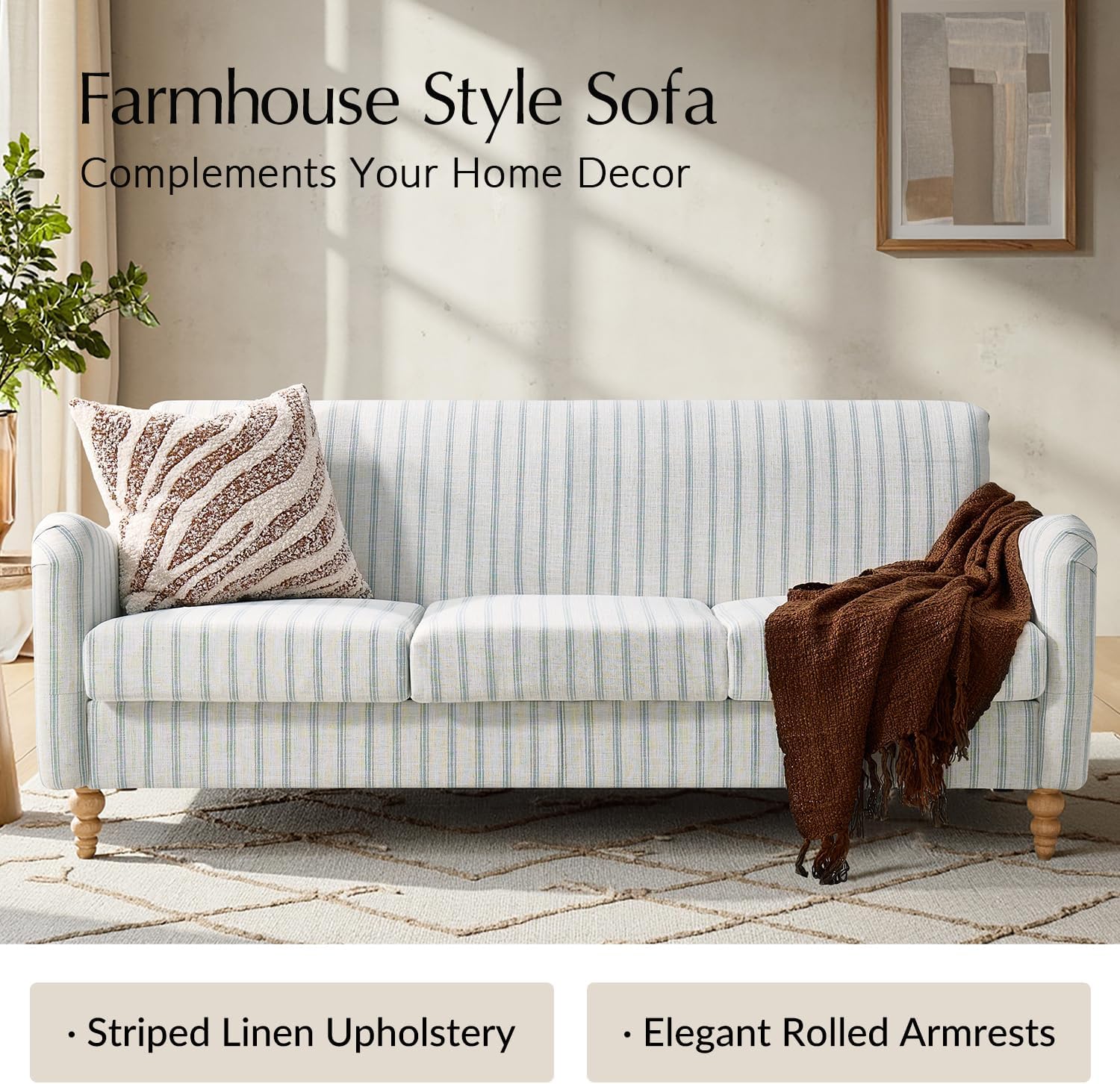 HULALA HOME Farmhouse Curved Couch with Stripe Pattern, 3 Seater Sofa with Solid Wood Spindle Legs and Rolled Wide Armrests, Comfy Upholstered Sofa for Living Room Bedroom, Blue