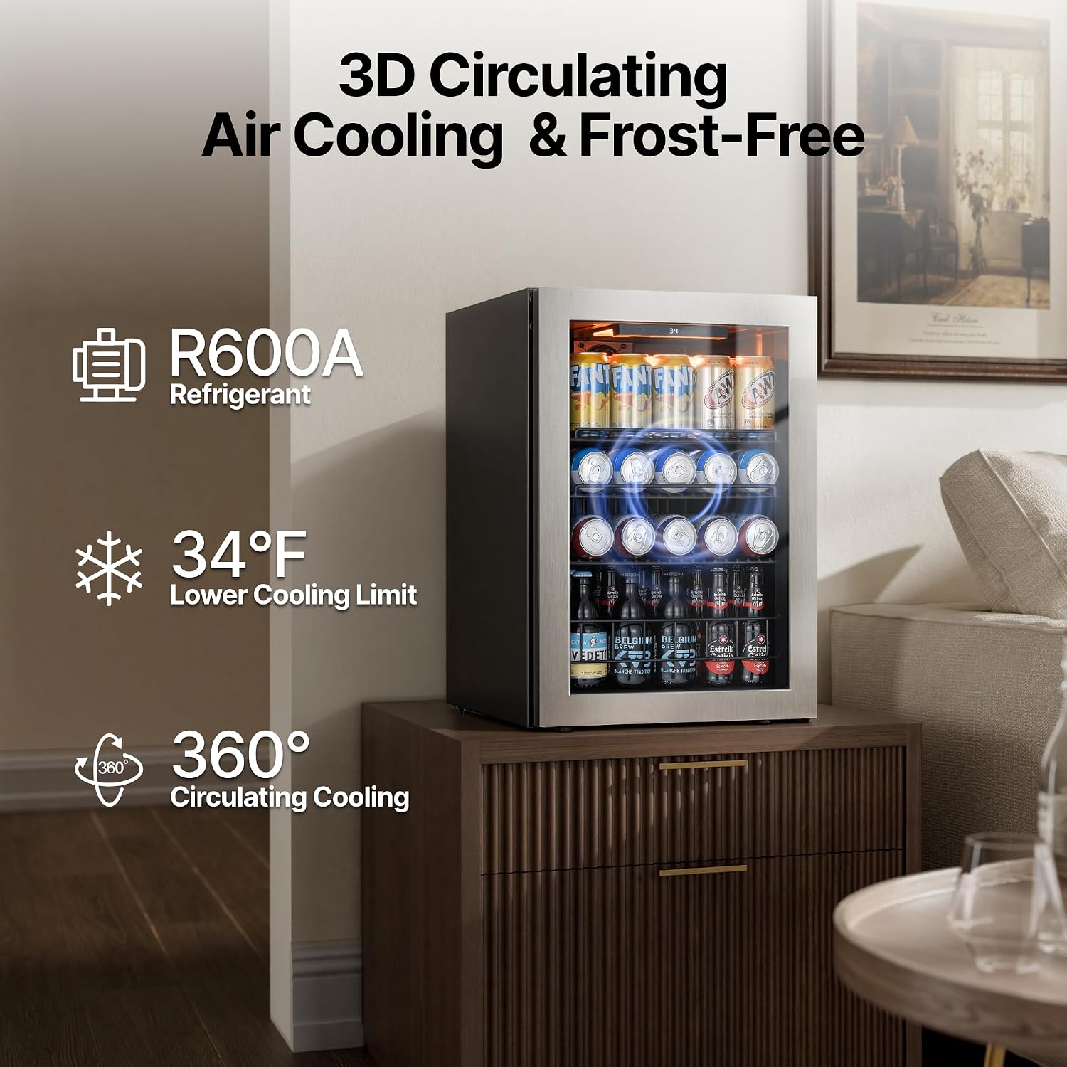 Ca'Lefort Mini Fridge Beverage Cooler, 85 Can Beverage Refrigerator with Reversible Glass Door, Adjustable Shelves for Soda, Beer & Drinks, Digital Temperature Control for Dorm, Office & Home