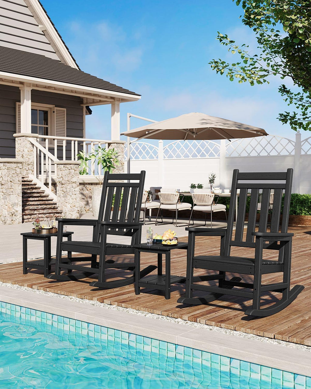 Garvee HDPE Rocking Chair Outdoor Set of 4 - Poly High Back Porch Rocker Chairs for Adults - All Weather Resistant Furniture for Patio Front Porch - Black