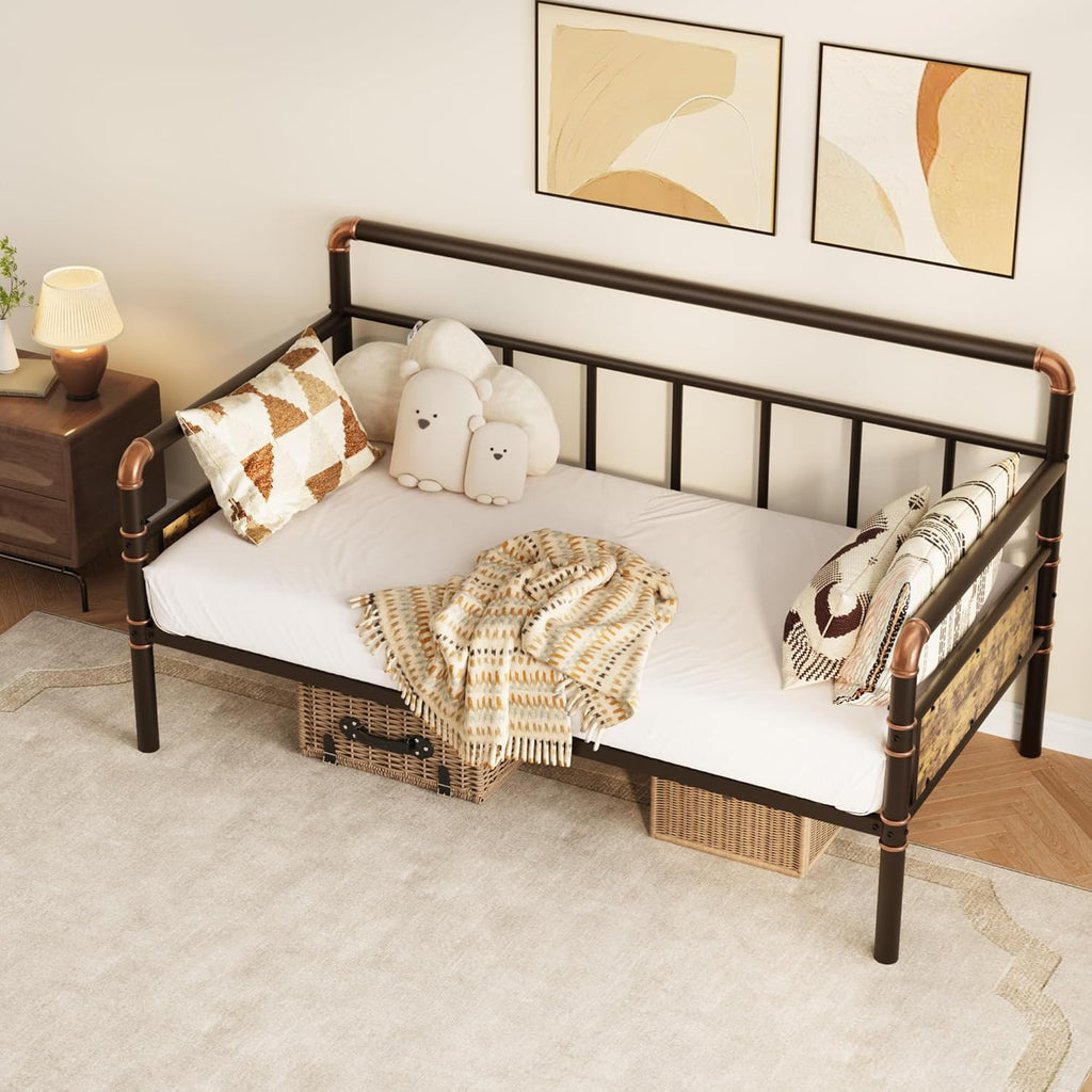 IDEALHOUSE Twin Daybed with Classic Headboard,Metal Twin Bed Frame Heavy Duty Steel Slats Support,Sofa BedFrame for Living Room, Guest RoomNoise Free, No Box Spring Needed, Brown