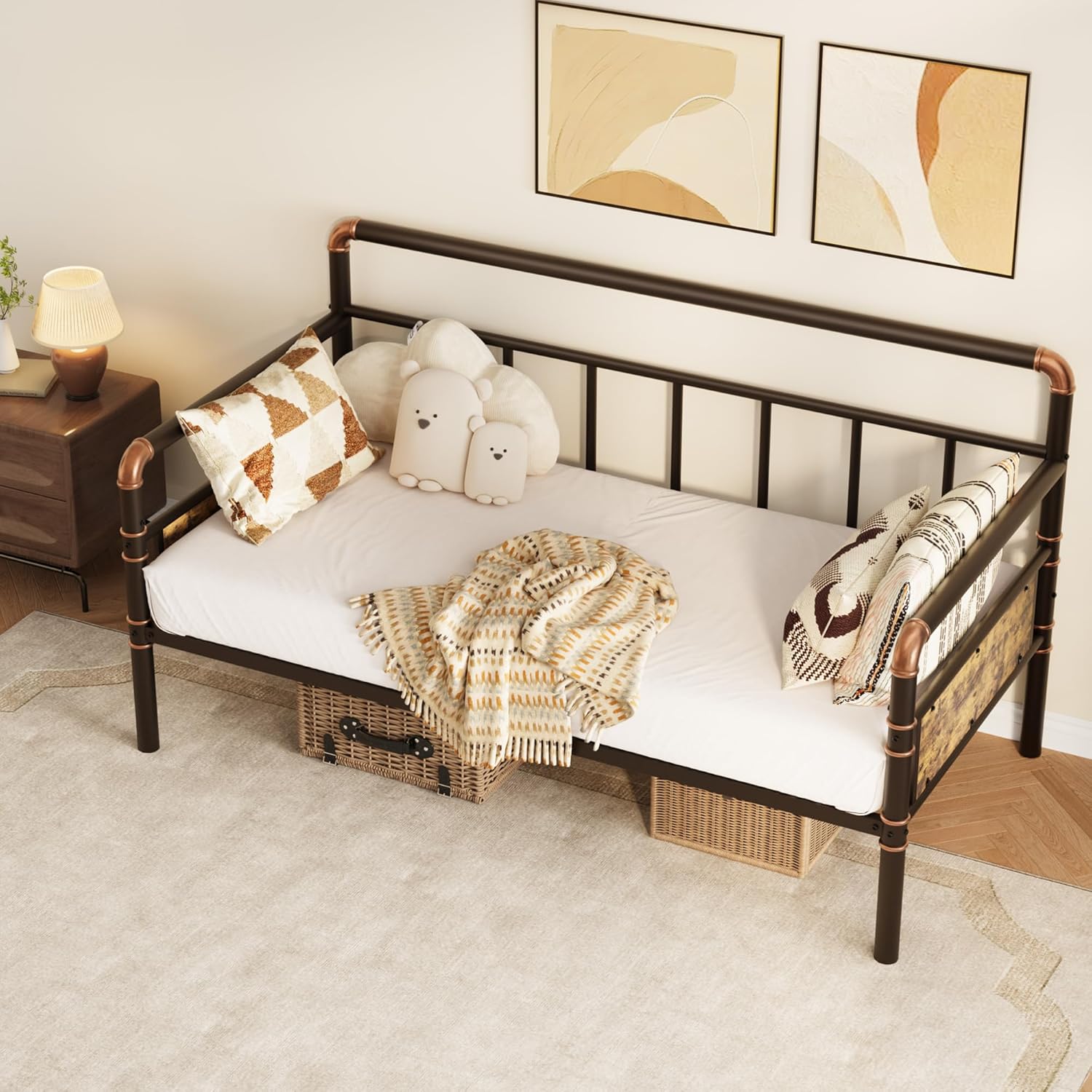 IDEALHOUSE Twin Daybed with Classic Headboard,Metal Twin Bed Frame Heavy Duty Steel Slats Support,Sofa BedFrame for Living Room, Guest RoomNoise Free, No Box Spring Needed, Brown