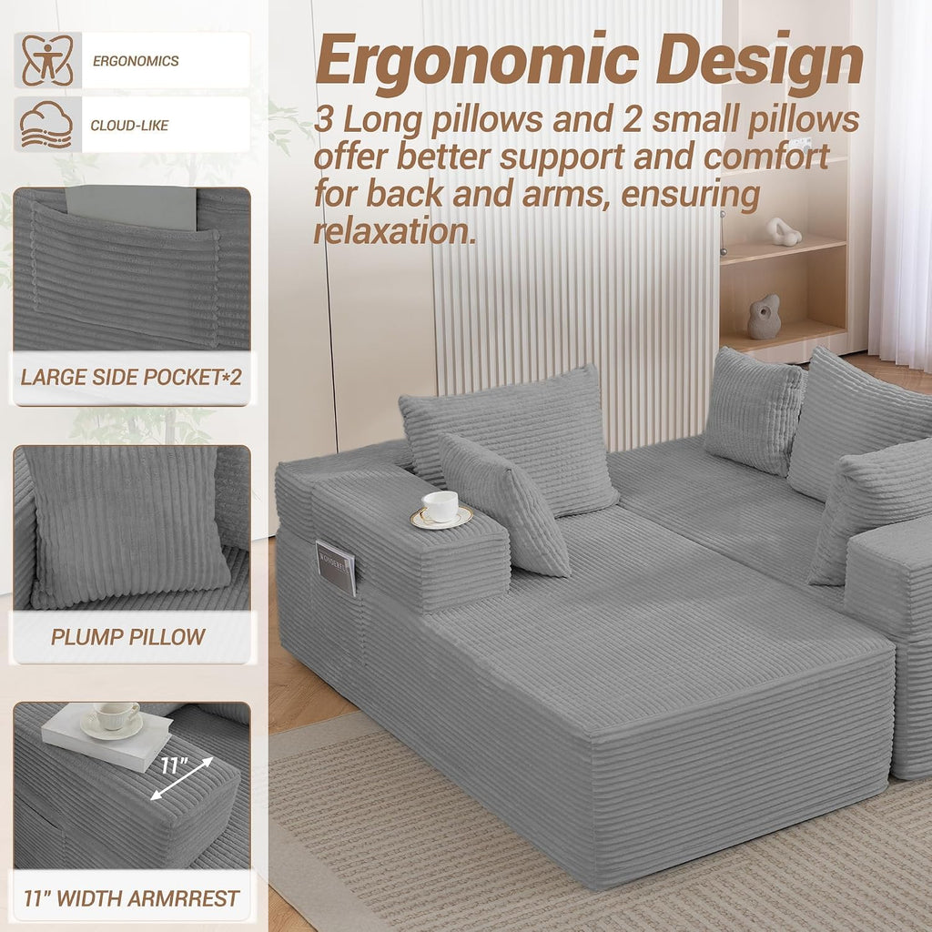 105'' Cloud Sectional Couch, Modular L-Shaped Boneless Sectional Sofa, Corduroy Deep Seat Couch, Small Space Sofas for Living Room Bedroom Apartment, No Assembly, Grey