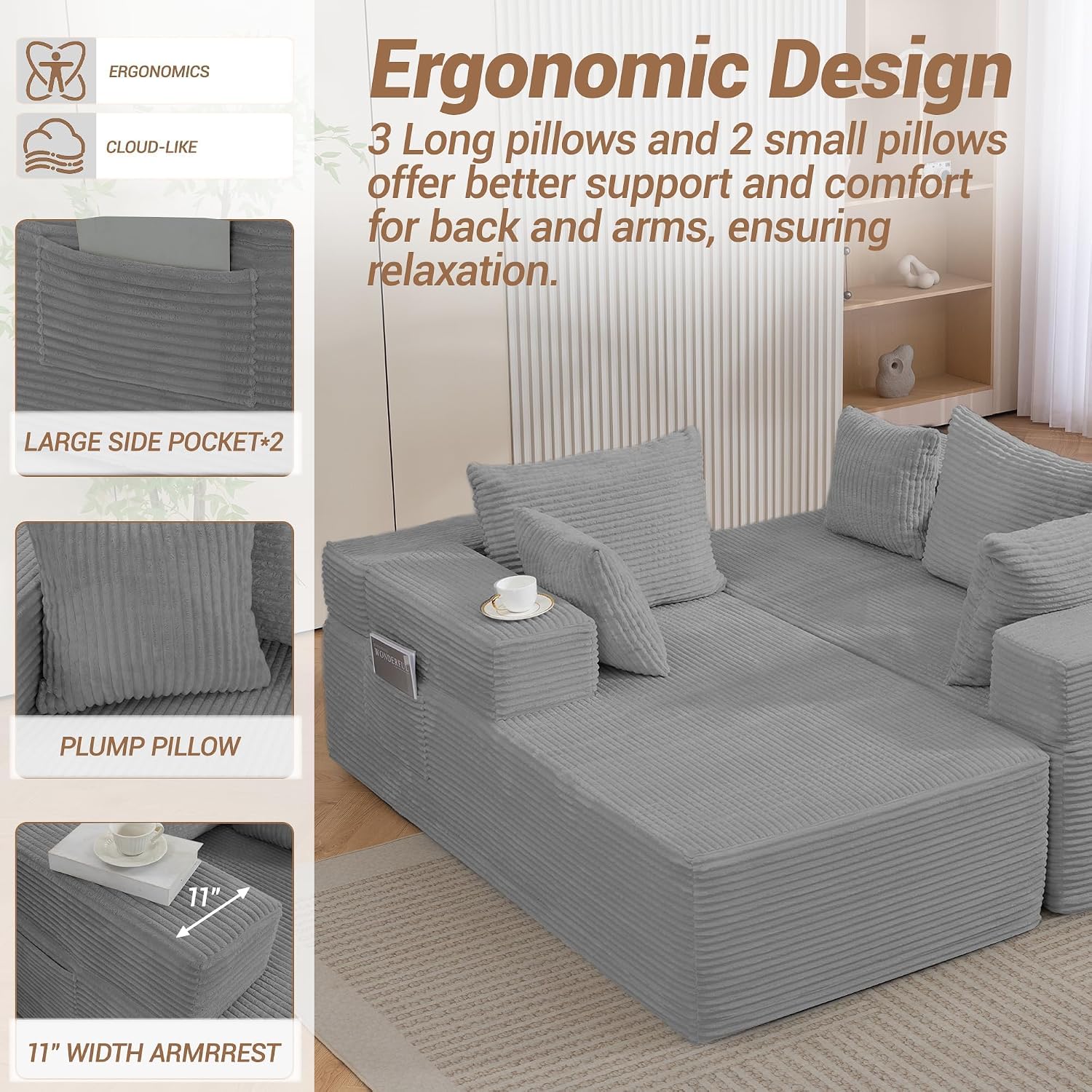 105'' Cloud Sectional Couch, Modular L-Shaped Boneless Sectional Sofa, Corduroy Deep Seat Couch, Small Space Sofas for Living Room Bedroom Apartment, No Assembly, Grey
