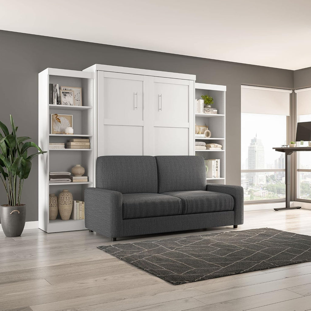 Bestar Pur Queen Murphy Bed with Sofa and Shelving Units, 115-inch Space-Saving Wall Bed