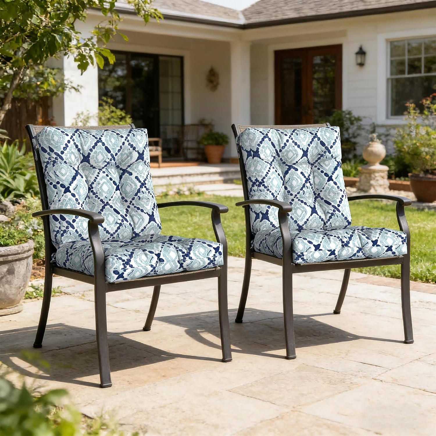 LVTXIII Outdoor Low Back Chair Cushions, Seasonal Replacement Adirondack Chair Cushion with Ties, Patio Waterproof Seat Cushions for Home Garden Use, 21 W x 21 D, Set of 2, Boho Geometry Blue