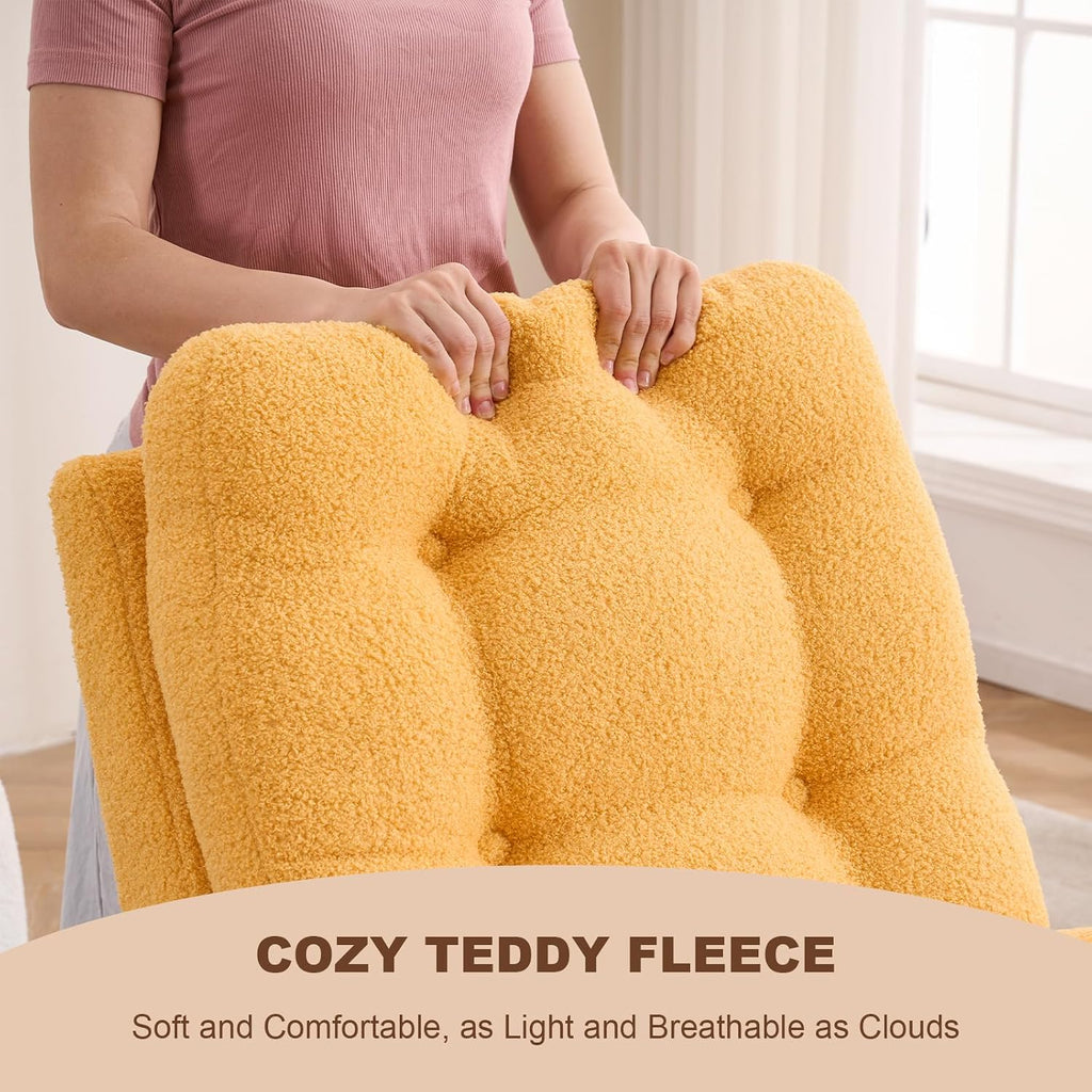 Nursery Rocking Chair,Rubber Wood Base Glider Rocking Chair with Adjustable Footrest and Side Pocket,Teddy Fleece Glider Rocker for Living Room, Bedroom (Teddy Fleece, Yellow)