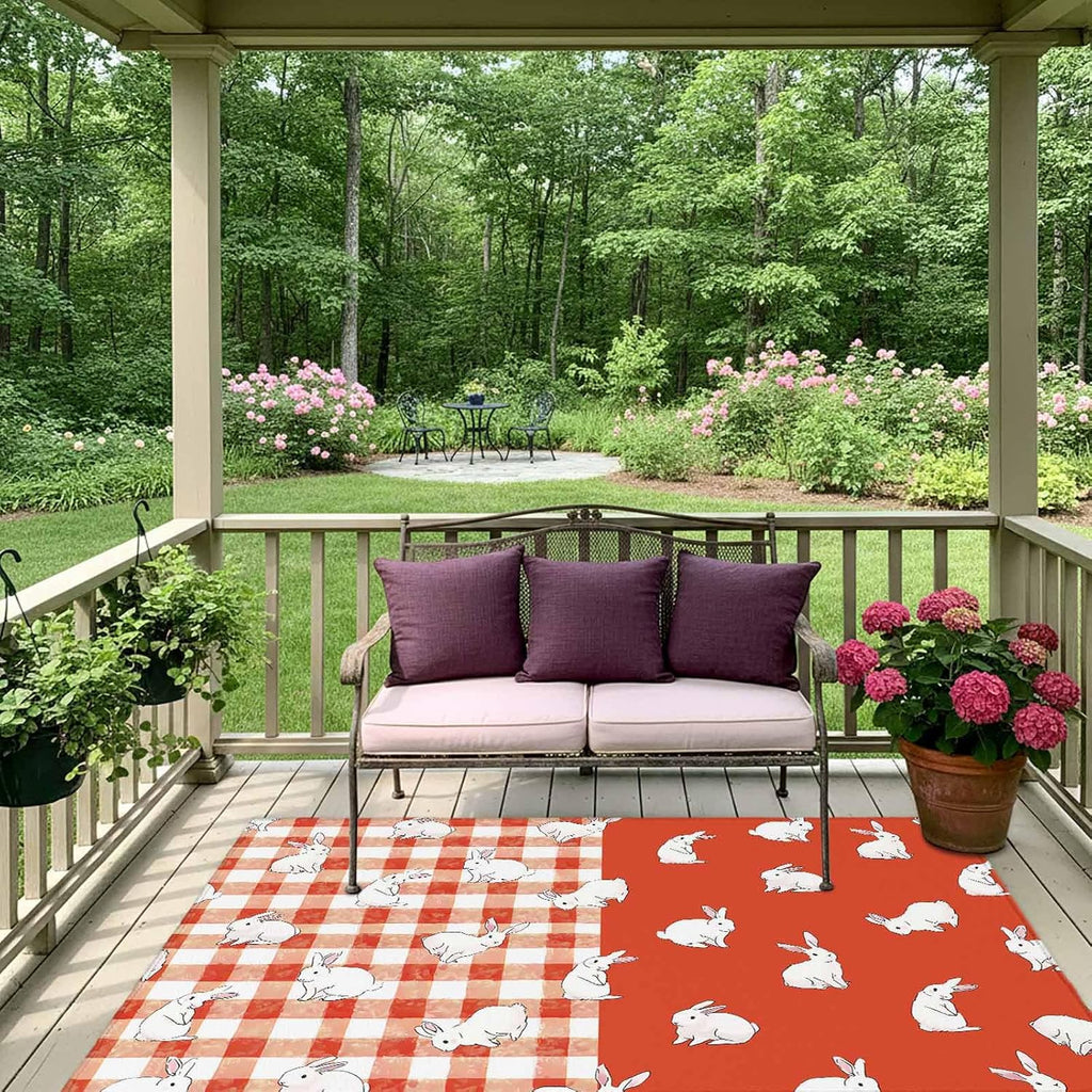 Japanese Rabbits Outdoor Rug for Patio/Deck/Porch, Non-Slip Large Area Rug 4 x 6 Ft, Vintage Orange Red Plaid Farmhouse Indoor Outdoor Rugs Washable Area Rugs, Reversible Camping Rug Carpet Runner