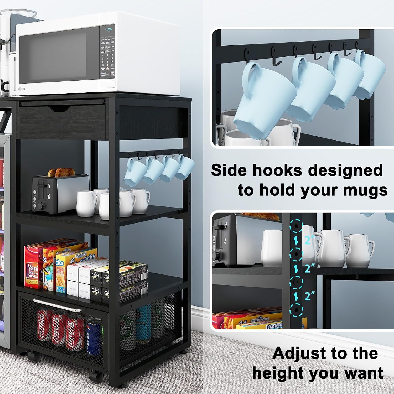 PUNCIA Coffee Bar Cabinet with Mini Fridge Space, Mini Fridge Stand with Power Outlet and Drawer, Wine Refrigerator Stand with Work Platform, Microwave Oven Rack for Dorm, Home Kitchen, Black